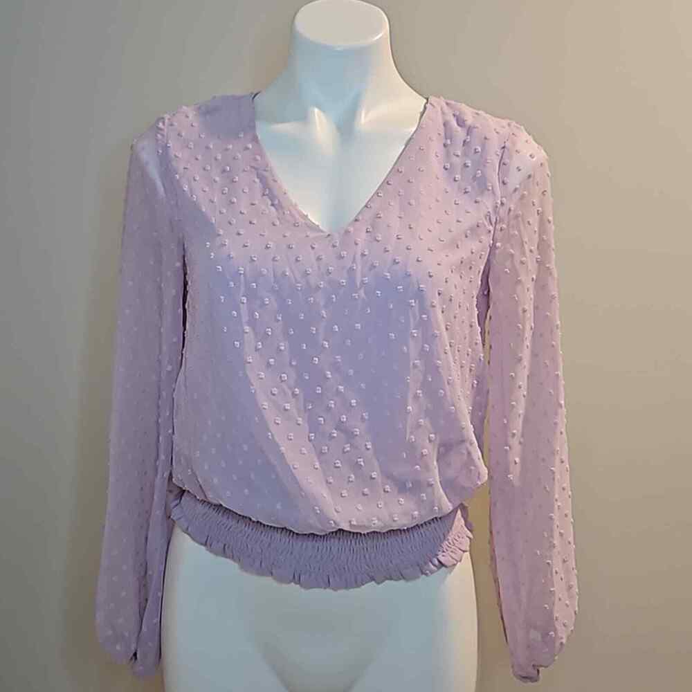 1.State Light Lilac Purple Swiss Dot V-Neck Blouse Smocked Waist Size Small